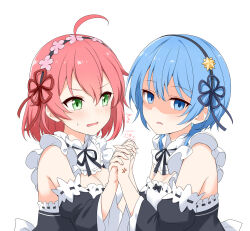Rule 34 | 2girls, :d, absurdres, ahoge, anger vein, bare shoulders, black dress, black ribbon, blue eyes, breasts, cleavage, cosplay, detached sleeves, dress, felutiahime, flower knot, from side, green eyes, hair ornament, hair ribbon, hands up, highres, holding hands, hololive, hoshimachi suisei, juliet sleeves, large breasts, long sleeves, maid, maid headdress, medium hair, multiple girls, neck ribbon, open mouth, puffy sleeves, ram (re:zero), ram (re:zero) (cosplay), red ribbon, rem (re:zero), rem (re:zero) (cosplay), ribbon, ribbon-trimmed dress, ribbon-trimmed sleeves, ribbon trim, sakura miko, short hair, simple background, smile, star (symbol), star hair ornament, upper body, virtual youtuber, white background, white dress