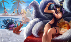 Rule 34 | 2boys, 3girls, ahri (league of legends), angel, angel wings, animal ears, bikini, black hair, blonde hair, blue hair, blue one-piece swimsuit, blue sky, blurry, breasts, chair, checkered floor, cleavage, closed eyes, colored skin, crab, day, depth of field, ezreal, facial mark, feathered wings, fox ears, fox tail, goomrrat, grin, kayle (league of legends), kitsune, large breasts, league of legends, long hair, looking at another, looking at viewer, lounge chair, lulu (league of legends), midriff, monster girl, multiple boys, multiple girls, multiple tails, one-piece swimsuit, palm tree, partially submerged, pool, pool toy, poolside, purple hair, purple skin, ripples, running, short hair, shorts, sitting, sky, slit pupils, smile, sunlight, swept bangs, swimsuit, tail, taric, tree, wading pool, water, wavy hair, wet, whisker markings, white bikini, white wings, wings, yellow eyes