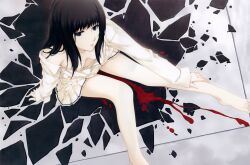 Rule 34 | 1girl, absurdres, bare legs, barefoot, black eyes, black hair, blood, breasts, cleavage, hand on own leg, highres, innocent grey, kara no shoujo, kuchiki touko, long hair, looking at viewer, looking up, medium breasts, no bra, official art, open clothes, open shirt, scan, school uniform, shards, shattered, sitting, skirt, solo, sugina miki, white skirt