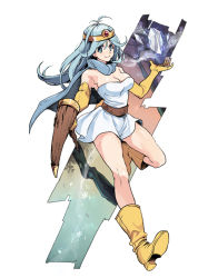 Rule 34 | 1girl, bad id, bad pixiv id, blue eyes, blue hair, boots, breasts, bright pupils, cape, circlet, cleavage, dragon quest, dragon quest iii, elbow gloves, full body, gloves, holding, holding staff, large breasts, long hair, matching hair/eyes, sage (dq3), smile, solo, staff, taroyama, yellow footwear