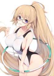 Rule 34 | 1girl, :d, bare shoulders, between breasts, black-framed eyewear, blonde hair, blue eyes, blush, breasts, collarbone, competition swimsuit, covered erect nipples, fate/grand order, fate (series), glasses, hand up, head tilt, highres, holding, hoop, hula hoop, jeanne d&#039;arc (fate), jeanne d&#039;arc (ruler) (fate), jeanne d&#039;arc (swimsuit archer) (fate), jeanne d&#039;arc (swimsuit archer) (second ascension) (fate), large breasts, long hair, looking at viewer, miko (royal milk), one-piece swimsuit, open mouth, ponytail, sideboob, simple background, smile, solo, swimsuit, very long hair, whistle, whistle around neck