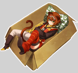 Rule 34 | 00s, 1girl, animal ears, box, brown hair, cardboard box, gloves, goggles, goggles on head, green eyes, grey background, in box, in container, lying, pantyhose, rita mordio, single leg pantyhose, solo, tail, tales of (series), tales of vesperia, thighhighs, waniwani