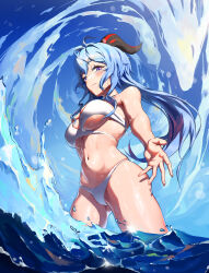 Rule 34 | 1girl, absurdres, ahoge, alternate costume, bikini, blue hair, blue sky, breasts, ganyu (genshin impact), genshin impact, goat horns, highres, horns, jhigf, large breasts, long hair, looking at viewer, navel, ocean, outstretched arm, partially submerged, purple eyes, reaching, reaching towards viewer, sky, smile, solo, swimsuit, water, white bikini