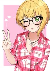 Rule 34 | 1girl, bad id, bad twitter id, blonde hair, border, breasts, cleavage, glasses, green eyes, heart, heart necklace, idolmaster, idolmaster cinderella girls, jewelry, long sleeves, miyamoto frederica, necklace, omaru gyuunyuu, one eye closed, parted lips, pink background, pink shirt, plaid, plaid shirt, shirt, short hair, sleeves rolled up, smile, solo, star (symbol), v, white border