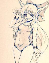 Rule 34 | 1girl, alternate costume, bare legs, bow, breasts, collarbone, commentary request, covered navel, cowboy shot, d-m (dii emu), eyelashes, gesture, greyscale, hair bow, horns, ibuki suika, long hair, looking at viewer, monochrome, one-piece swimsuit, oni horns, open mouth, sketch, small breasts, swimsuit, touhou, traditional media, very long hair, wristband