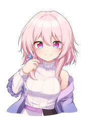 Rule 34 | 1girl, bare shoulders, basa rutan, belt, blue eyes, blue jacket, blue ribbon, breasts, casual, closed mouth, commentary, cropped torso, earrings, gradient jacket, high belt, highres, honkai: star rail, honkai (series), jacket, jewelry, large breasts, long sleeves, looking at viewer, march 7th (feast) (honkai: star rail), march 7th (honkai: star rail), medium breasts, medium hair, off shoulder, official alternate costume, open clothes, open jacket, pink belt, pink eyes, pink hair, pink jacket, pink ribbon, purple belt, purple jacket, ribbon, ribbon earrings, simple background, single earring, skirt, sleeveless, sleeveless sweater, smile, solo, sweater, turtleneck, turtleneck sweater, two-tone eyes, two-tone ribbon, white background, white skirt, white sleeves, white sweater