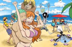 Rule 34 | 2girls, 6+boys, angry, beach, bikini, breasts, brook (one piece), cleavage, franky (one piece), grin, hug, hug from behind, jinbe (one piece), large breasts, long hair, looking at another, monkey d. luffy, multiple boys, multiple girls, nami (one piece), nico robin, one piece, orange hair, roronoa zoro, sanji (one piece), short hair, smile, swimsuit, tony tony chopper, usopp, water