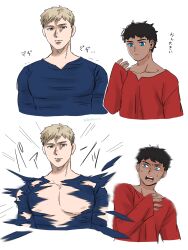 Rule 34 | 2boys, black hair, blonde hair, blue eyes, brown eyes, closed mouth, cropped torso, dark-skinned male, dark skin, dungeon meshi, exploding clothes, hand up, hatikou13, highres, kabru, laios touden, long sleeves, looking at another, looking at viewer, male focus, multiple boys, multiple views, nipples, red shirt, shirt, short hair, simple background, sleeves past wrists, taut clothes, translation request, upper body, very short hair, white background