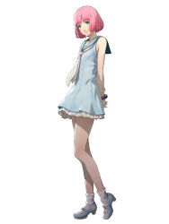 Rule 34 | 1boy, androgynous, arms behind back, atlus, blue dress, blunt bangs, bracelet, catherine: full body, catherine (game), crossdressing, dress, full body, green eyes, high heels, jewelry, looking at viewer, male focus, mary janes, official art, petite, pink hair, rin (catherine), shoes, simple background, smile, socks, soejima shigenori, solo, spoilers, white background, white socks