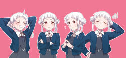 Rule 34 | 1girl, absurdres, arashi chisato, blue jacket, blush, clenched teeth, closed eyes, closed mouth, collared shirt, commentary request, cowboy shot, crossed arms, double bun, dress, dress shirt, expressions, grey dress, hair bun, highres, jacket, kashikaze, long sleeves, looking at viewer, love live!, love live! superstar!!, multiple views, open clothes, open jacket, outline, pinafore dress, pink background, red eyes, school uniform, shirt, simple background, sleeveless, sleeveless dress, smile, steepled fingers, sweatdrop, teeth, wavy mouth, white hair, white outline, white shirt, yuigaoka school uniform