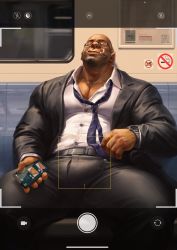 Rule 34 | 1boy, 6suan, bald, bara, beard, black pants, black suit, bulge, cum, cum in clothes, cum through clothes, dark-skinned male, dark skin, erection, erection under clothes, facial hair, fangs, feet out of frame, recording, formal, glasses, highres, holding, holding phone, jacket, large pectorals, male focus, mature male, muscular, muscular male, necktie, open clothes, open jacket, orc, original, pants, pectoral cleavage, pectorals, phone, recording, short hair, sleeping, solo, spread legs, stomach, suit, taking picture, thick thighs, thighs, train interior, viewfinder