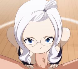 Rule 34 | 1boy, 1girl, animated, animated gif, artist request, blue eyes, bra, breasts, eyebrows, fairy tail, fellatio, glasses, hetero, long hair, looking at viewer, lowres, mirajane strauss, oral, penis, pov, testicles, uncensored, underwear, white hair