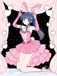 Rule 34 | 1girl, alternate costume, armpits, arms up, blue hair, blush, breasts, brown eyes, cleavage, dress, gloves, heart, high heels, highres, kneeling, legs, looking at viewer, medium breasts, one eye closed, ponytail, rabbit ears, sakura taisen, sega, shinguuji sakura, skirt, solo, thighs, wink