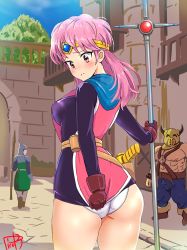 Rule 34 | 1girl, 2boys, ass, blush, breasts, brown eyes, bulge, circlet, closed mouth, covering ass, covering privates, dragon quest, dragon quest dai no daibouken, dress, erection, erection under clothes, gloves, maam, multiple boys, panties, picolette xiii, pink hair, polearm, short hair, spear, underwear, weapon