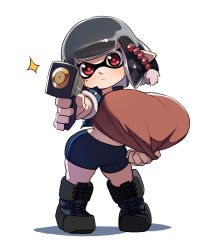 Rule 34 | 1girl, absurdres, aiming, aiming at viewer, alternate species, beads, bike shorts, black hair, blunt bangs, boots, breasts, closed mouth, cross-laced footwear, female focus, full body, hair beads, hair ornament, highres, holding, holding weapon, huge breasts, inkling player character, looking at viewer, mole, mole under eye, narita (naze), naze, nintendo, oppai loli, pointy ears, red eyes, shadow, shirt tug, short hair, simple background, solo, sparkle, splatoon (series), standing, tentacle hair, weapon, white background