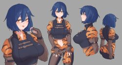 Rule 34 | 1girl, :p, animal print, belt, blue hair, blush, bob cut, breasts, brown belt, brown gloves, closed mouth, commentary, commission, elbow gloves, english commentary, fingerless gloves, gloves, grey background, hair between eyes, highres, large breasts, looking at viewer, medium hair, multiple views, navel, orange eyes, original, popopoka, puffy short sleeves, puffy sleeves, short sleeves, simple background, smile, tiger print, tongue, tongue out