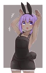 Rule 34 | +++, 1girl, :d, animal ears, armpits, arms up, bare arms, bare shoulders, black hairband, blush, bunny girl, collarbone, dark-skinned female, dark skin, fake animal ears, fate/prototype, fate/prototype: fragments of blue and silver, fate (series), grey background, hair between eyes, hairband, hassan of serenity (fate), i.u.y, looking at viewer, naked overalls, open mouth, overall shorts, overalls, purple eyes, purple hair, rabbit ears, rabbit pose, rabbit tail, round teeth, sidelocks, smile, solo, tail, teeth, two-tone background, upper teeth only, white background