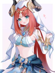 Rule 34 | 1girl, :d, aqua eyes, blue nails, blue skirt, breasts, brooch, commentary request, crop top, fake horns, genshin impact, head tilt, horns, jewelry, kino (curry pan), large breasts, long hair, long sleeves, looking at viewer, midriff, nail polish, neck ring, nilou (genshin impact), no navel, open mouth, red hair, revision, skirt, smile, solo, stomach, veil, very long hair