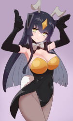 Rule 34 | 1girl, adapted costume, antennae, black gloves, black hair, black leotard, bow, bowtie, breasts, brown pantyhose, cleavage, closed mouth, colored inner hair, cowboy shot, elbow gloves, fishnet pantyhose, fishnets, gloves, grey bow, grey bowtie, grey hair, highres, large breasts, leotard, looking at viewer, multicolored hair, nontraditional playboy bunny, pantyhose, pink background, rabbit pose, simple background, smile, solo, sumiyao (amam), traditional bowtie, ultra kaijuu gijinka keikaku, ultra series, yellow eyes, zetton