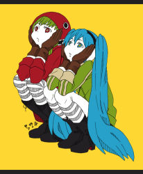 Rule 34 | 2girls, asaiasa0, blue eyes, blue hair, boots, colored skin, expressionless, eye print, full body, gloves, green hair, green hoodie, gumi, hands on own cheeks, hands on own face, hatsune miku, headphones, high heel boots, high heels, hood, hooded sweater, hoodie, kneehighs, long hair, looking up, matryoshka (vocaloid), multicolored eyes, multiple girls, parted lips, red eyes, red hoodie, red sweater, socks, squatting, striped clothes, striped legwear, striped thighhighs, sweater, teeth print, thighhighs, twintails, very long hair, vocaloid, white skin, yellow background