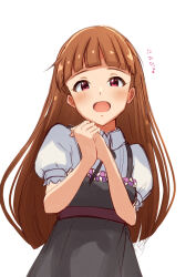 Rule 34 | 1girl, blunt bangs, blunt ends, blush, brown hair, commentary request, forehead, highres, idolmaster, long hair, looking at viewer, minase iori, open mouth, own hands together, red eyes, ribbon, short sleeves, simple background, sinobu0425, solo
