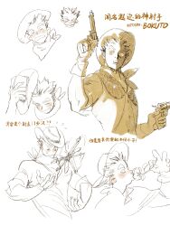 Rule 34 | 1boy, bandana around neck, bokuto koutarou, chengongzi123, cowboy hat, cowboy western, cropped torso, dual wielding, flower, gloves, gun, haikyuu!!, hand up, handgun, hat, hat tip, highres, holding, holding flower, holding gun, holding weapon, looking at viewer, male focus, monochrome, multiple views, open mouth, partially colored, revolver, short hair, short sleeves, simple background, thick eyebrows, translation request, very short hair, vest, weapon, white background, yellow eyes