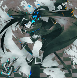 Rule 34 | 10s, 2girls, 92, 92kuni92, arm cannon, bad id, bad pixiv id, belt, black hair, black rock shooter, black rock shooter (character), blue eyes, blue fire, boots, chain, checkered background, female focus, fire, grey hair, highres, hood, hoodie, katana, midriff, multiple girls, navel, one eye closed, pale skin, short shorts, shorts, strength (black rock shooter), sword, twintails, weapon, wink, yellow eyes