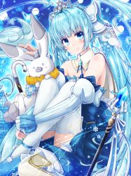 Rule 34 | 1girl, akino coto, aqua hair, blue eyes, capelet, detached collar, detached sleeves, dress, hair ornament, hatsune miku, highres, long hair, looking at viewer, rabbit, smile, solo, staff, strapless, strapless dress, thighhighs, tiara, twintails, very long hair, vocaloid, white thighhighs, yuki miku