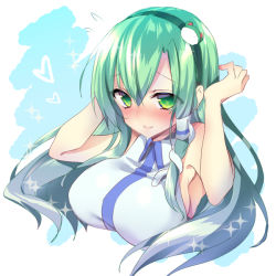 Rule 34 | 1girl, armpits, bare shoulders, blush, breasts, closed mouth, collared shirt, commentary request, frog hair ornament, green eyes, green hair, hair between eyes, hair ornament, hair tubes, hairband, heart, kochiya sanae, koikawa minoru, large breasts, long hair, looking at viewer, nontraditional miko, shirt, sleeveless, sleeveless shirt, smile, snake hair ornament, solo, touhou, white shirt, wide sleeves