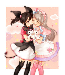 Rule 34 | 4girls, ;d, ^ ^, animal ear legwear, animal ears, black hair, black legwear, blue bow, blue shirt, bow, cheek-to-cheek, closed eyes, cloud, commentary request, cosplay, demon tail, gloves, grey hair, hair bow, heads together, highres, holding hands, kuromi, kuromi (cosplay), long hair, love live!, love live! school idol project, maid headdress, minami kotori, multiple girls, my melody, my melody (cosplay), nail polish, one eye closed, one side up, onegai my melody, open mouth, pink background, pink legwear, pink shirt, ponpei (pp itt), rabbit, rabbit ears, red eyes, red nails, sanrio, shirt, short sleeves, skirt, skull print, smile, star (symbol), starry background, striped clothes, striped shirt, tail, thighhighs, twintails, vertical-striped clothes, vertical-striped shirt, white gloves, wristband, yazawa nico