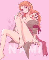 Rule 34 | 1girl, bare legs, bare shoulders, barefoot, breasts, cleavage, earrings, erichiyo op, female focus, full body, highres, jewelry, large breasts, long hair, looking at viewer, matching hair/eyes, nami (one piece), one piece, orange eyes, orange hair, solo, sword, tattoo, weapon