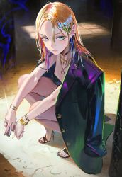 Rule 34 | 1girl, absurdres, blonde hair, blue eyes, bracelet, cigarette, coat, coat on shoulders, ear piercing, earrings, hair ornament, high heels, highres, holding, holding cigarette, jewelry, mole, mole under eye, nababa, nail polish, necklace, original, piercing, ring, solo, squatting