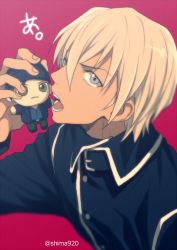 Rule 34 | 1boy, akai shuuichi, alternate costume, amuro tooru, blonde hair, blue eyes, character doll, commentary request, dark-skinned male, dark skin, doll, from side, gakuran, gradient background, hair between eyes, holding, holding doll, looking at viewer, male focus, mashima shima, meitantei conan, open mouth, red background, school uniform, simple background, solo, teeth, twitter username, upper body