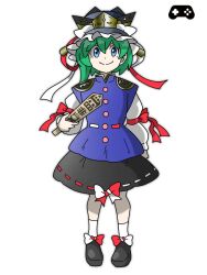 Rule 34 | 1girl, asymmetrical hair, black hat, black skirt, blue eyes, blue vest, bow, closed mouth, commentary, edwardmidori, epaulettes, footwear bow, frilled hat, frills, full body, green hair, hat, holding, long sleeves, looking at viewer, ribbon-trimmed skirt, ribbon trim, rod of remorse, shiki eiki, short hair, simple background, skirt, smile, socks, solo, standing, touhou, vest, white background, white socks