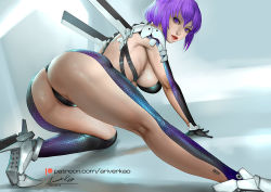 Rule 34 | 1girl, ariverkao, ass, barcode, barcode tattoo, breasts, dated, ghost in the shell, gloves, hanging breasts, high heels, kusanagi motoko, large breasts, lips, looking at viewer, on one knee, patreon logo, purple eyes, purple hair, revealing clothes, short hair, signature, solo, tattoo