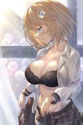 Rule 34 | 1girl, absurdres, black bra, black panties, blonde hair, blue eyes, blush, bra, breasts, cleavage, closed mouth, collared shirt, dress shirt, floral print, from side, groin, hair ornament, highres, hololive, hololive english, honkivampy, large breasts, looking to the side, mole, mole on breast, navel, open clothes, open shirt, open skirt, panties, plaid, plaid skirt, revision, shirt, short hair, sidelocks, skirt, smile, solo, underwear, undressing, virtual youtuber, watson amelia, wet, wet hair, white shirt