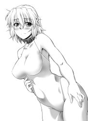 Rule 34 | 1girl, bdsm, blush, bondage, bound, breasts, clenched teeth, closed mouth, collar, crotch rope, female focus, frown, greyscale, half updo, large breasts, leotard, mizuhashi parsee, monochrome, nipples, one-piece swimsuit, ootsuki wataru, pointy ears, rope, shibari, shibari under clothes, short hair, solo, sweat, swimsuit, teeth, touhou, transparent background
