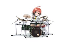 Rule 34 | 1girl, ahoge, blush, brown hair, drum, drum set, drumming, drumsticks, green eyes, id card, instrument, kill me baby, lab coat, long hair, looking at viewer, multicolored hair, necktie, okayparium, open mouth, red hair, solo, transparent background, unused character (kill me baby), yellow necktie