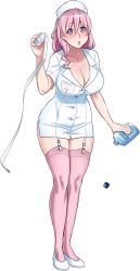 Rule 34 | 1girl, absurdres, alcohol, bandages, blush, breasts, full body, garter straps, hat, highres, kjech, large breasts, muja kina, nurse, nurse cap, official art, pink hair, pink thighhighs, purple eyes, solo, thighhighs, transparent, transparent background, yandere simulator