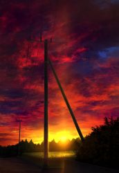 Rule 34 | cloud, cloudy sky, commentary request, highres, mks, nature, no humans, original, outdoors, power lines, red sky, red theme, scenery, sky, sunset, utility pole