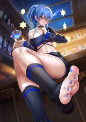 Rule 34 | 1girl, absurdres, bar (place), barefoot, blue eyes, blue hair, blue toenails, blush, cocktail glass, crossed legs, cup, drinking glass, feet, finger to mouth, foot focus, grin, highres, hololive, hoshimachi suisei, jagoo, jewelry, long hair, looking at viewer, nail polish, night, night sky, ponytail, shushing, sitting, sky, smile, soles, toe ring, toeless legwear, toenail polish, toenails, toes, virtual youtuber