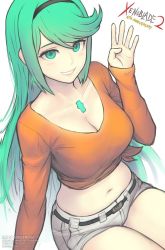Rule 34 | 1girl, alternate costume, alternate hairstyle, belt, breasts, chest jewel, cleavage, eyebrows hidden by hair, female focus, gofelem, green eyes, green hair, large breasts, long hair, looking at viewer, matching hair/eyes, midriff, navel, pneuma (xenoblade), ponytail, shorts, signature, smile, solo, swept bangs, very long hair, xenoblade chronicles (series), xenoblade chronicles 2