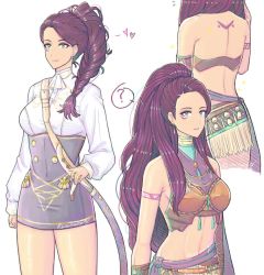 Rule 34 | 1girl, arm tattoo, back, back tattoo, bare arms, bare back, bare legs, bare pectorals, bare shoulders, braid, breasts, closed mouth, dress, earrings, facial mark, fire emblem, fire emblem: three houses, garreg mach monastery uniform, jewelry, long hair, long sleeves, looking at viewer, multiple views, necklace, nintendo, pectorals, petra macneary, ponytail, purple hair, short dress, simple background, single braid, strap, sword, tattoo, uniform, upper body, weapon, white background