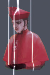 Rule 34 | 1boy, absurdres, black gloves, brown hair, cardinal, closed eyes, cropped legs, erumil, eyeshadow, facial hair, ghost (band), gloves, highres, jewelry, logo, makeup, male focus, mustache, necklace, papa emeritus iv, pouring, red headwear, red robe, robe, short hair, sideburns, standing