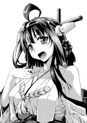 Rule 34 | 10s, 1girl, bare shoulders, blush, detached sleeves, double bun, greyscale, hair ornament, hairband, headgear, japanese clothes, kantai collection, kongou (kancolle), long hair, miko, monochrome, nontraditional miko, open mouth, personification, portrait, smile, solo, yamaguchi homupe