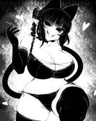 Rule 34 | 1girl, animal ears, blunt bangs, bra, braid, breasts, cat ears, cat girl, cat tail, cleavage, commentary request, cross-laced clothes, curvy, elbow gloves, extra ears, gloves, greyscale, haseru (ginku mh), heart, huge breasts, kaenbyou rin, lingerie, looking at viewer, medium hair, monochrome, multiple tails, nekomata, open mouth, panties, pointy ears, side braids, sidelocks, smile, solo, tail, tongue, tongue out, touhou, twin braids, two tails, underwear