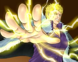 Rule 34 | 1boy, bara, blonde hair, fairy tail, fighting stance, foreshortening, highres, large pectorals, laxus dreyar, lightning, looking at viewer, male focus, miway (mmmmm iway), muscular, muscular male, pectoral cleavage, pectorals, purple shirt, shirt, short hair, sideburns, solo, tattoo, upper body