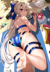 Rule 34 | 1girl, absurdres, ass, back, beach, beach mat, blue bow, blue one-piece swimsuit, blush, bonnet, bow, breasts, competition swimsuit, cup, fate/grand order, fate (series), feet, food, glasses, hair between eyes, hair bow, handheld game console, highleg, highleg swimsuit, highres, holding, holding handheld game console, iro (boo iro), large breasts, legs, long hair, looking at viewer, looking back, nintendo switch, one-piece swimsuit, playing games, ponytail, red eyes, saint quartz (fate), shaved ice, silver hair, smile, soles, swimsuit, thighs, toes, tomoe gozen (fate), tomoe gozen (swimsuit saber) (fate), tomoe gozen (swimsuit saber) (first ascension) (fate), two-tone swimsuit, white one-piece swimsuit