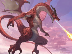 Rule 34 | breath weapon, breathing fire, claws, cloud, cloudy sky, commentary, dragon, english commentary, fantasy, fire, flying, horns, monster, no humans, open mouth, original, pink sky, satoru wada, scales, signature, sky, western dragon, wings