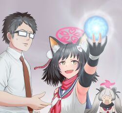 Rule 34 | 1boy, 2girls, :d, :o, animal ear fluff, animal ears, arm up, armpits, black gloves, black hair, black necktie, black scarf, blue archive, business casual, commentary, durian12, eyeshadow, fang, fingerless gloves, fox ears, fox girl, fox hair ornament, glasses, gloves, gradient hair, grey background, grey hair, hadanugi dousa, hair between eyes, hair ornament, hair ribbon, halo, highres, izuna (blue archive), japanese clothes, kimono, long hair, long sleeves, looking at another, makeup, medium hair, meme, michiru (blue archive), multicolored hair, multiple girls, naruto, naruto (series), necktie, ninja, one side up, open clothes, open kimono, open mouth, orb, parody, photo-referenced, pom pom (clothes), pom pom hair ornament, raccoon ears, raccoon girl, rasengan, red eyeshadow, red scarf, ribbon, rope, scarf, school uniform, sensei (blue archive), serafuku, shimenawa, shirt, sidelocks, skin fang, sleeveless, smile, surprised, sweatdrop, twintails, two-tone hair, white shirt, wide sleeves, wind, yellow eyes